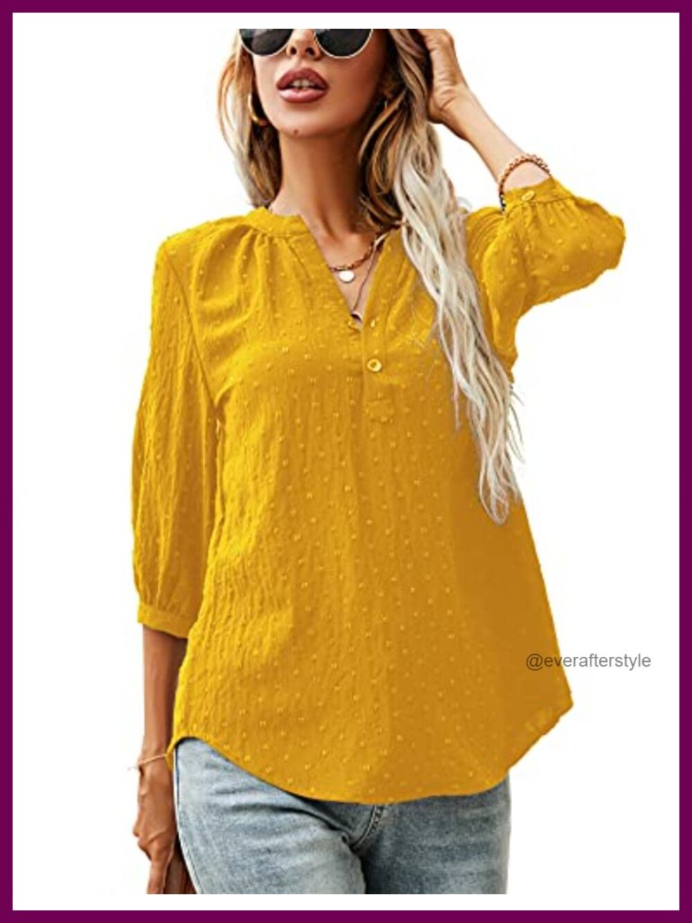 LOMON Women's 3/4 Sleeve Henley V-Neck Swiss Dot Pleated Back Blouse Top